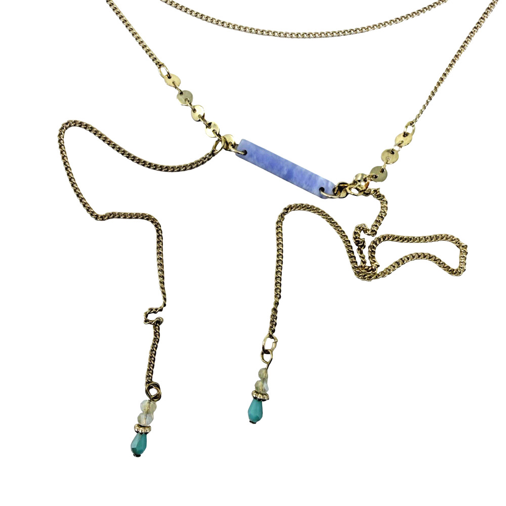 Jeanne Colette Gold Tone Layered Necklace Blue Stone Bar & Bead Tassels